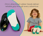 Split view of omni-directional rubber treads for reliable grip and child wearing Ten Little MotionX Sneakers - Space Black. Available at www.tenlittle.com