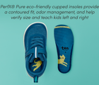 Top view and PerfX® Pure eco-friendly cupped insole, providing a contoured fit, odor management, and helping verify size and teaching kids left and right - Ten Little MotionX Sneakers - Cosmic Blue. Available at www.tenlittle.com