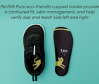 Top view and PerfX® Pure eco-friendly cupped insole, providing a contoured fit, odor management, and helping verify size and teaching kids left and right - Ten Little MotionX Sneakers - Space Black. Available at www.tenlittle.com