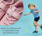 Split view of child wearing and close up of elastic no-tie laces with an adjustable strap and reflective strip - Ten Little MotionX Sneakers - Stardust Pink, Cosmic Blue. Available at www.tenlittle.com