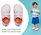 Split view of child wearing Ten Little Everyday Original - Neon Glow and top view of wide, foot-shaped toe boxes for natural splay - Neon Pink. Available at www.tenlittle.com