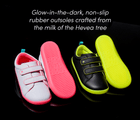 Top and bottom outsole traction view of Ten Little Everyday Original - Neon Glow featuring glow-in-the-dark, non-slip rubber outsoles crafted from the milk of the Hevea tree - Neon Pink, Neon Yellow. Available at www.tenlittle.com