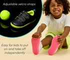 Split view of child sitting wearing Ten Little Everyday Original - Neon Glow and side view of shoes featuring adjustable velcro straps and easy for kids to put on and take off independently - Neon Yellow, Neon Pink. Available at www.tenlittle.com
