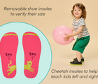 Split view of child wearing Ten Little Everyday Original - Neon Glow and removable shoe insoles to verify size with cheetah design to help teach kids left and right - Neon Pink, Neon Yellow. Available at www.tenlittle.com