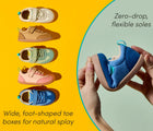 Split view of person flexing zero-drop soles and group shot featuring wide, foot-shaped toe boxes for natural splay - Ten Little Retro Suede Sneakers - Assorted Colors. Available at www.tenlittle.com