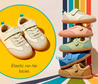 Split view of elastic no-tie laces and shoes stacked - Ten Little Retro Suede Sneakers - Assorted Colors. Available at www.tenlittle.com