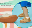 Split view of non-skid, natural rubber outsoles and child wearing Ten Little Retro Suede Sneakers - Retro Beige and Retro Tan. Available at www.tenlittle.com
