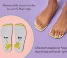 Split view of child standing on removable shoe insoles to verify size and help teach kids left and right with a cheetah design - Ten Little Retro Suede Sneakers. Available at www.tenlittle.com