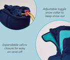 Adjustable toggle snow collar to keep snow out - expandable velcro closure for easy on and off - Ten Little Snow Boots. Available at www.tenlittle.com