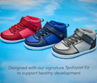 Side view group shot of Ten Little Varsity Mid Tops designed with our signature TenForm® Fit to support healthy development - All Star Pink, Game Day Blue, Champion Silver. Available at www.tenlittle.com