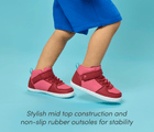 Side view child wearing Ten Little Varsity Mid Tops featuring non-slip rubber outsoles for stability - All Star Pink. Available at www.tenlittle.com