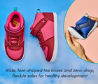 Split view, top and side view and person flexing Ten Little Varsity Mid Tops featuring wide, foot-shaped toe boxes and zero-drop, flexible soles for healthy development - All Star Pink, Game Day Blue. Available at www.tenlittle.com