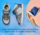 Split view, top and side view and person flexing Ten Little Varsity Mid Tops featuring wide, foot-shaped toe boxes and zero-drop, flexible soles for healthy development - Champion Silver, Game Day Blue. Available at www.tenlittle.com