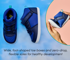 Split view, top and side view and person flexing Ten Little Varsity Mid Tops featuring wide, foot-shaped toe boxes and zero-drop, flexible soles for healthy development - Game Day Blue. Available at www.tenlittle.com