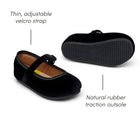 Top and bottom view of Ten Little Velvet Ballet Flats featuring a thin, adjustable velcro strap and natural rubber traction outsole - Classic Black. Available at www.tenlittle.com