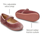 Top and bottom view of Ten Little Velvet Ballet Flats featuring a thin, adjustable velcro strap and natural rubber traction outsole - Dusty Rose. Available at www.tenlittle.com