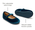 Thin adjustable velcro strap - natural rubber traction outsole - Ten Little Velvet Ballet Flats in Sapphire Blue. Available from www.tenlittle.com