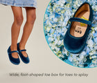 Wide foot-shaped toe box for toes to splay - Ten Little Velvet Ballet Flats in Sapphire Blue. Available from www.tenlittle.com