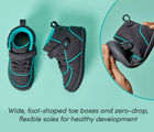 Split view of person flexing shoe and top and side view of Ten Little Volt High Tops featuring wide, foot-shaped toe boxes and zero-drop, flexible soles for healthy development. Available at www.tenlittle.com