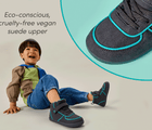 Split view close-up of eco-conscious, cruelty-free vegan suede upper and child sitting wearing Ten Little Volt High Tops. Available at www.tenlittle.com