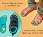 Split view of child standing on removable shoe insoles to verify size with a cheetah graphic to help teach kids left and right - Ten Little Volt High Tops. Available at www.tenlittle.com