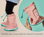 Split view of child wearing Ten Little Snow Boots and person flexing zero-drop sole for natural movement - Blush Pink. Available at www.tenlittle.com