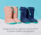 Ten Little Snow Boots side by side, designed with our signature TenForm™ Fit to support healthy development - Blush Pink, Navy Blue. Available at www.tenlittle.com