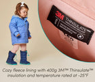 Split view of child wearing Ten Little Snow Boots and cozy fleece lining with 400g 3M™ Thinsulate™ insulation and temperature rated at -25°F  - Navy Blue, Blush Pink. Available at www.tenlittle.com