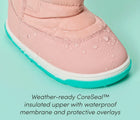 Close-up view of Ten Little Snow Boots with a weather-ready CoreSeal™ insulated upper with waterproof membrane and protective overlays - Blush Pink. Available at www.tenlittle.com