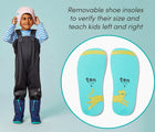 Split view of child wearing Ten Little Snow Boots and removable shoe insoles to verify size and teach kids left and right - Navy Blue. Available at www.tenlittle.com