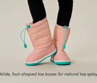 Child wearing Ten Little Snow Boots with wide, foot-shaped toe boxes for nature toe splay - Blush Pink. Available at www.tenlittle.com