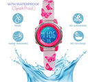 Preschool Collection Digital Light Up Watch - Butterfly showing waterproof features. Available from www.tenlittle.com