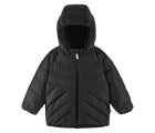Hood up and front view of Reima Down Winter Jacket - Kupponen - Black. Available at www.tenlittle.com