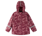 Front view and hood of Reima Fleece-Lined Rubber Rain Jacket - Koski - Jam Red. Available at www.tenlittle.com