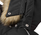 Close up detachable hood and faux fur trim of Reima - Waterproof Reimatec Snowsuit - Gotland - Black - Available at www.tenlittle.com