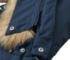 Close up detachable hood and faux fur trim of Reima - Waterproof Reimatec Snowsuit - Gotland - Navy - Available at www.tenlittle.com