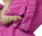 Close up detachable hood and faux fur trim of Reima - Waterproof Reimatec Snowsuit - Gotland - Magenta Purple - Available at www.tenlittle.com