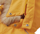 Close up detachable hood and faux fur trim of Reima - Waterproof Reimatec Snowsuit - Gotland - Radiant Orange - Available at www.tenlittle.com