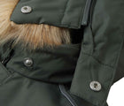 Close up detachable hood and faux fur trim of Reima - Waterproof Reimatec Snowsuit - Gotland - Thyme Green - Available at www.tenlittle.com