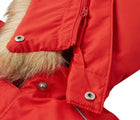 Close up detachable hood and faux fur trim of Reima - Waterproof Reimatec Snowsuit - Gotland - Tomato Red - Available at www.tenlittle.com