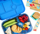 Yumbox Bento Box Blue with food. Available from www.tenlittle.com.