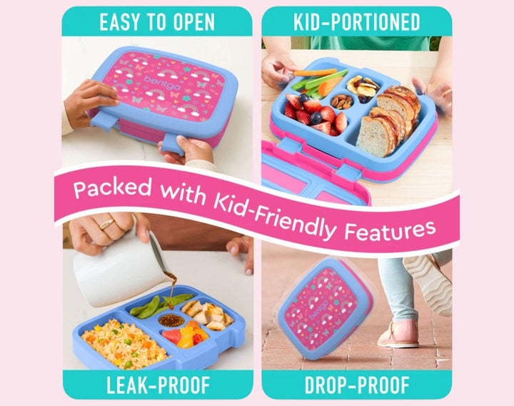 Kid-friendly features of Bentgo Lunch Box in Rainbow Butterflies. Available at www.tenlittle.com
