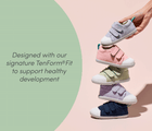 Side view of Ten Little First Walkers stacked on top of each other, designed with our signature TenForm® Fit to support healthy development - Assorted Colors. Available at www.tenlittle.com