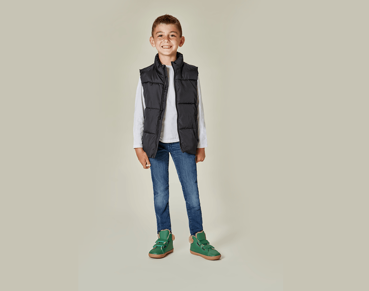 Boy wearing Ten Little Furry High Top - Emerald Green. Available at www.tenlittle.com