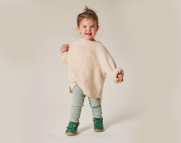 Girl wearing Ten Little Furry High Top - Emerald Green. Available at www.tenlittle.com