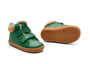 Front and bottom of shoe view of Ten Little Furry High Top - Emerald Green. Available at www.tenlittle.com