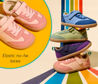 Split view and close-up elastic no-tie laces of Ten Little Retro Suede Sneakers - Assorted Colors. Available at www.tenlittle.com