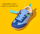 GIF of adjustable velcro strap for a perfect fit - Ten Little Retro Suede Sneakers - Retro Blue. Available at www.tenlittle.com