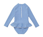 Back view of Snapper Rock One Piece UPF 50+ Swimsuit - Blue Stripes. Available at www.tenlittle.com