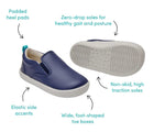 Front and bottom of shoe view and features of Ten Little Slip-On Sneakers - Navy Blue. Available at www.tenlittle.com